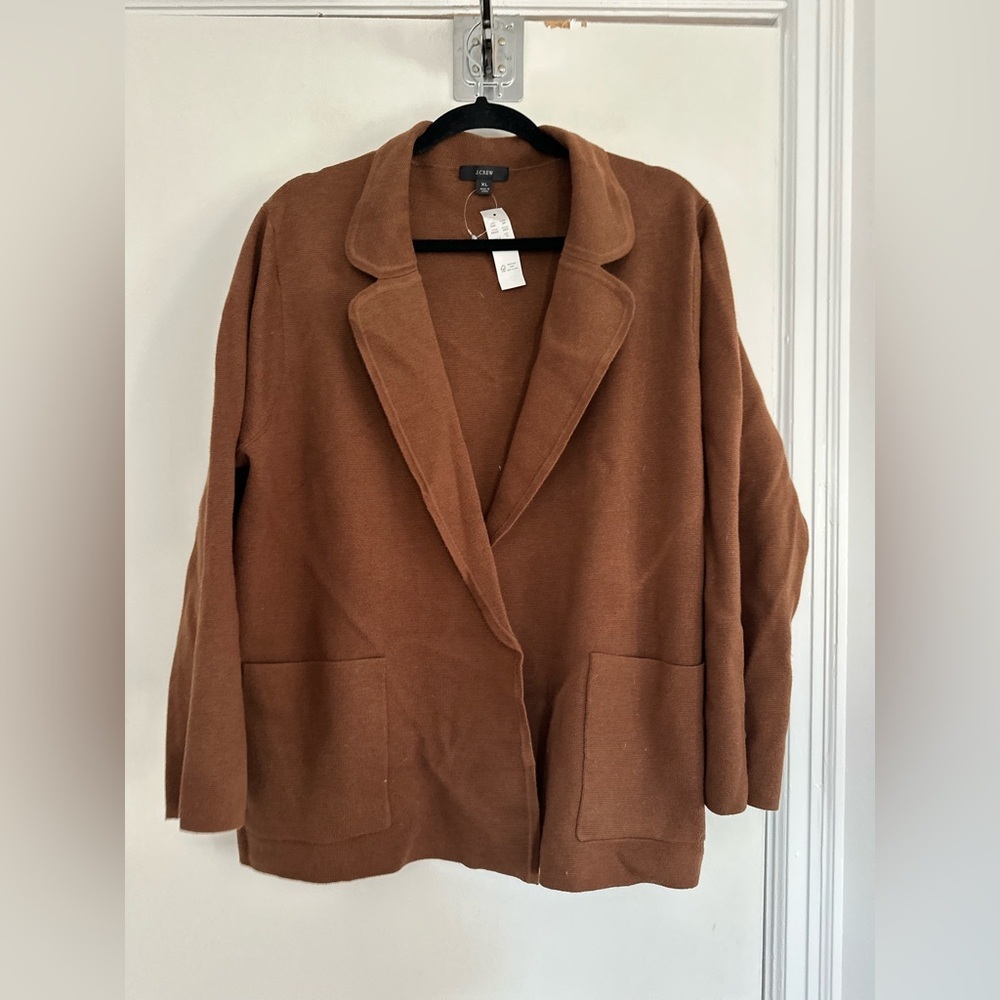 NWT J. Crew Sz: XL Brown Open Front Merino Wool Blend Heavy Knit Sweater Blazer.